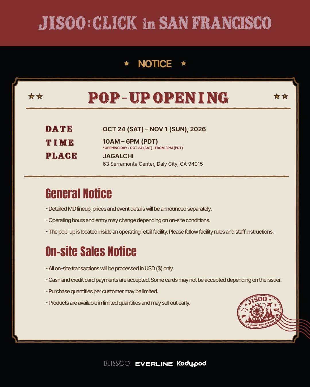 JISOO : CLICK POP-UP – Daly City, October 24 – November 1, 2026 | Kpop ...